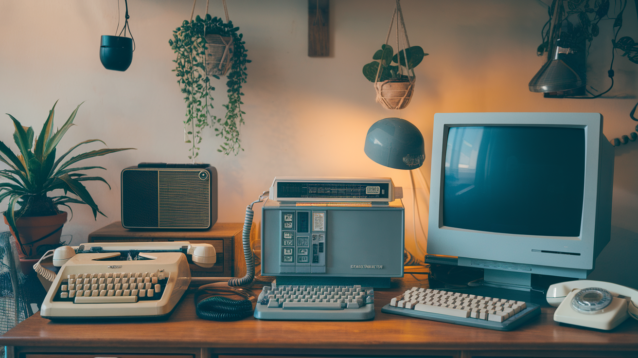 A vintage dial-up modem and telephone on a desk with books and a computer.