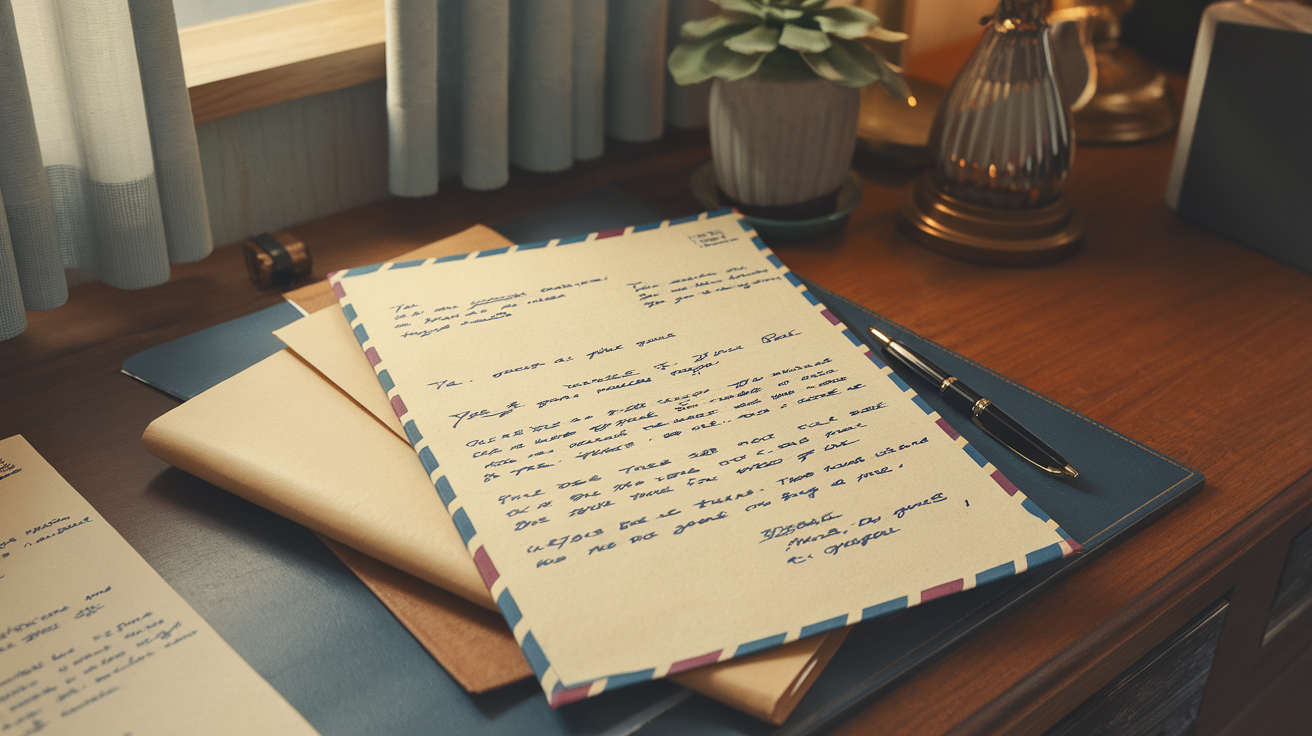 A desk with handwritten letters, envelopes, a pen, and a small plant.