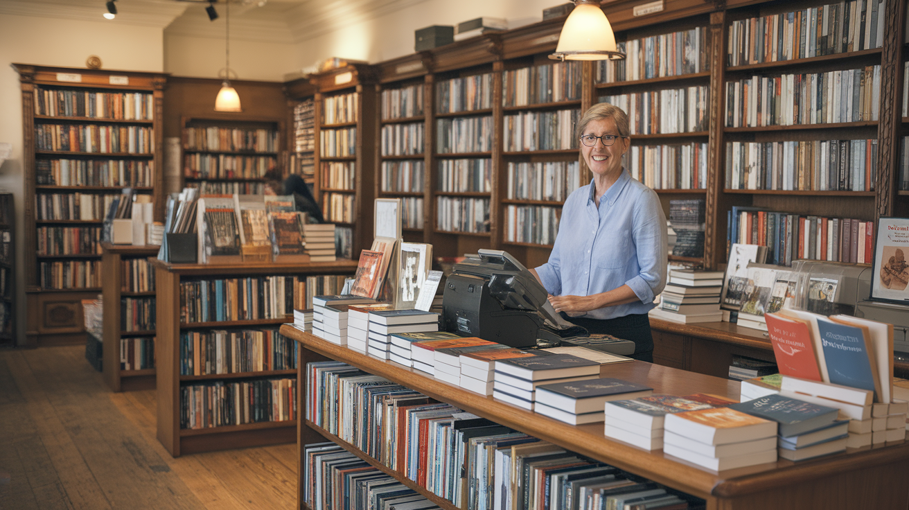 A friendly clerk smiling at the counter of a quaint bookstore with shelves full of books.