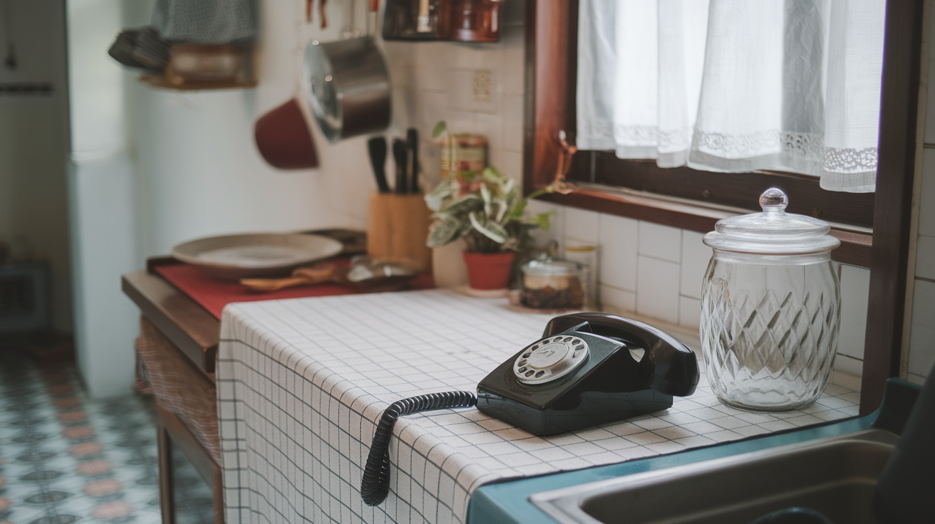 A vintage landline phone on a kitchen counter with a checkered tablecloth.