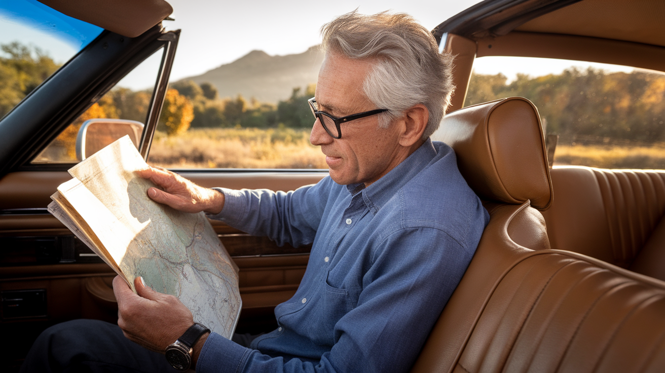 A couple inside a car looking at a paper map with mountains in the background.