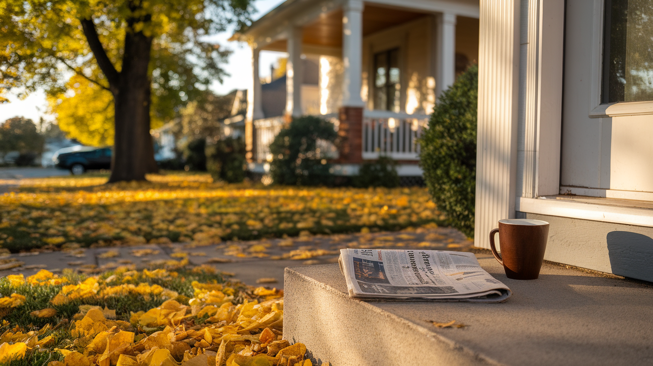 A newspaper and a coffee cup on a doorstep surrounded by autumn leaves.