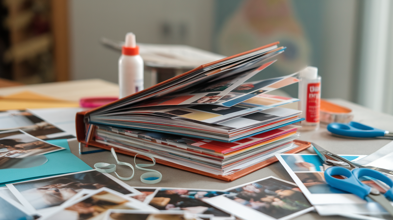 A colorful scrapbook filled with photographs, scissors, glue, and craft supplies on a table.