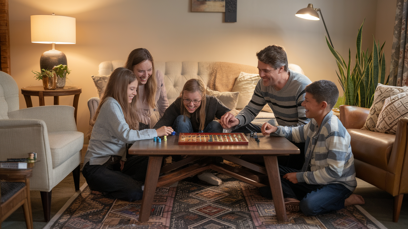 A group of five people enjoying a board game in a living room, smiling and engaging with each other.