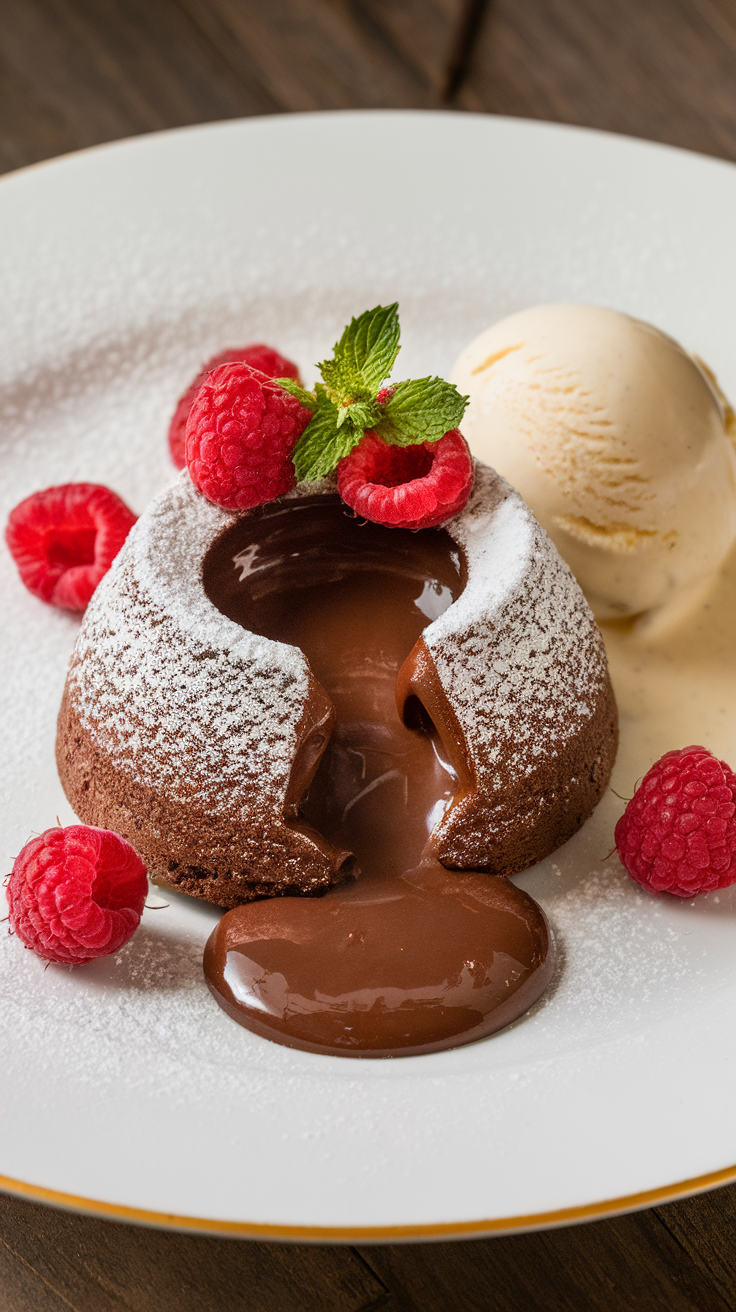 Chocolate lava cake with molten center, dusted with powdered sugar, garnished with raspberries and mint, served with vanilla ice cream.