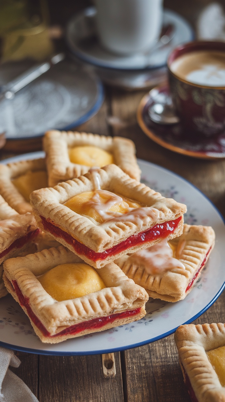 Homemade gluten-free poptarts filled with jam and drizzled with icing on a rustic wooden table.