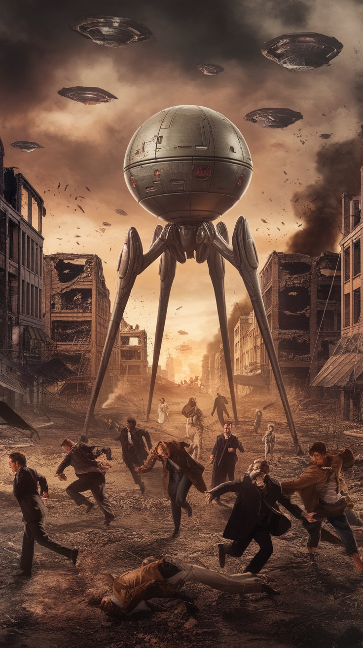 A dramatic depiction of chaos from The War of the Worlds, showcasing a towering Martian machine amidst fleeing humans in a destroyed city.