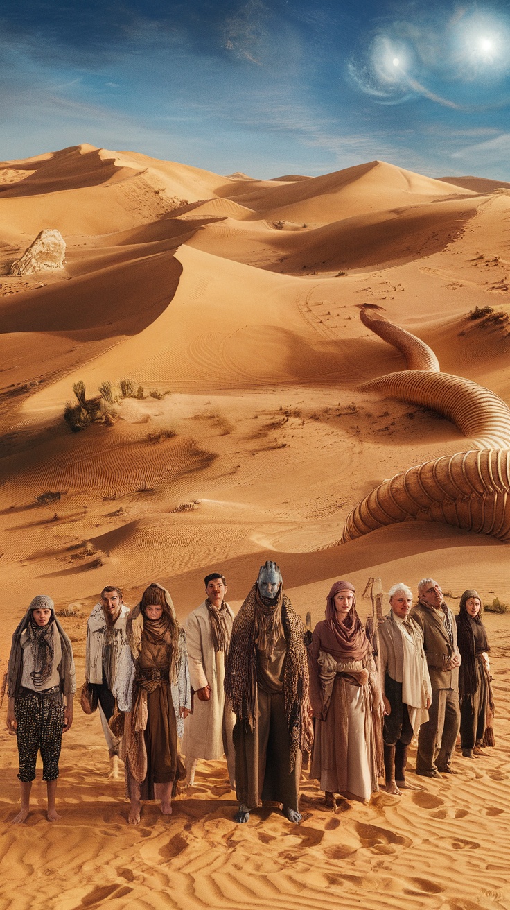 A group of characters stands in a sandy desert, symbolizing Dune's complex world and power dynamics.