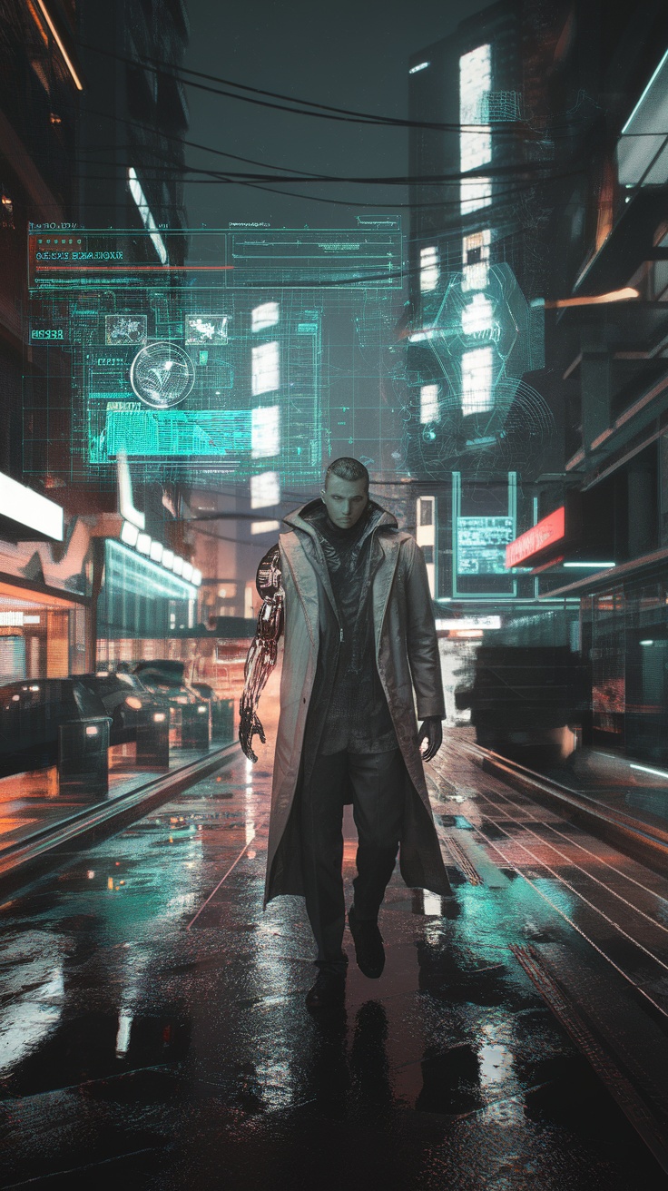 A lone figure in a futuristic city with neon lights and digital panels, reflecting the themes of Neuromancer.