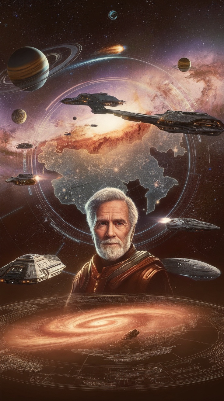 An artistic representation of the Foundation series, featuring a wise character surrounded by planets and spaceships in a vast galaxy.