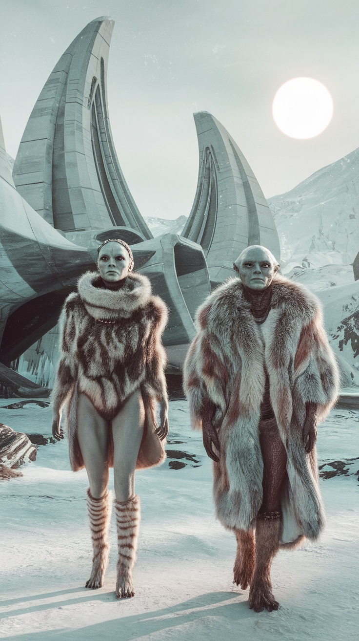 Two alien figures in fur clothing standing in a snowy landscape with futuristic structures.