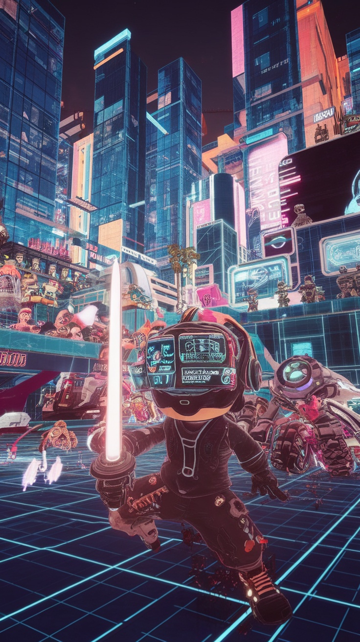 A vibrant cyberpunk cityscape featuring a character with high-tech gear amidst neon lights and digital elements.