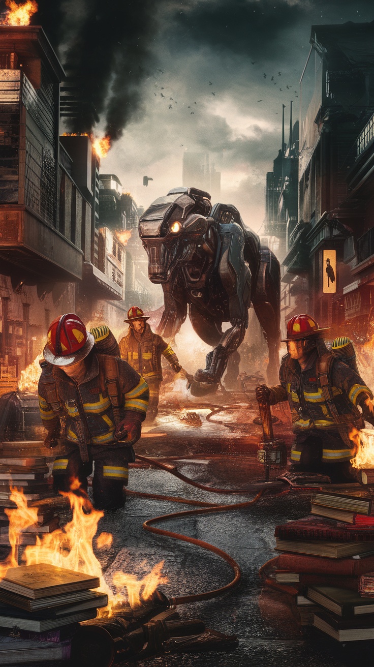 Firefighters battling flames in a dystopian city, with a robotic creature in the background and burning books scattered around.