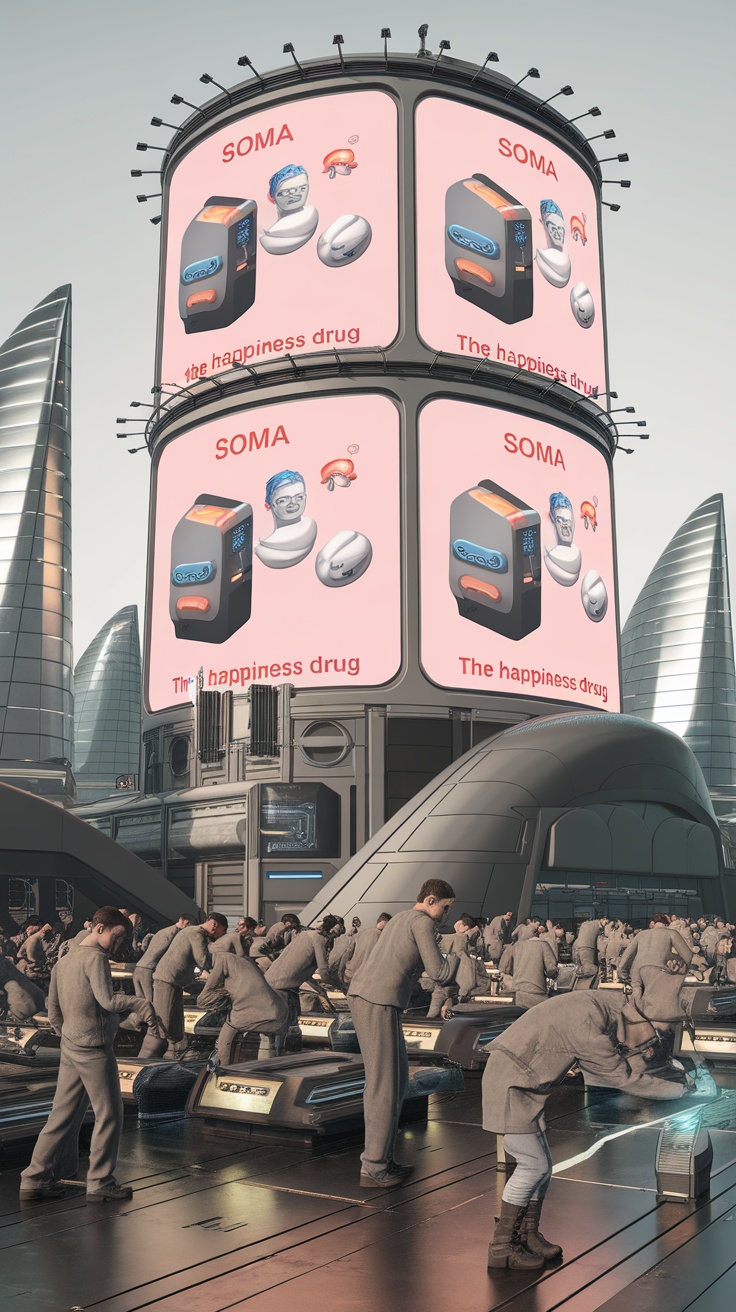 A futuristic city with robotic figures and large advertisements for 'Soma'.